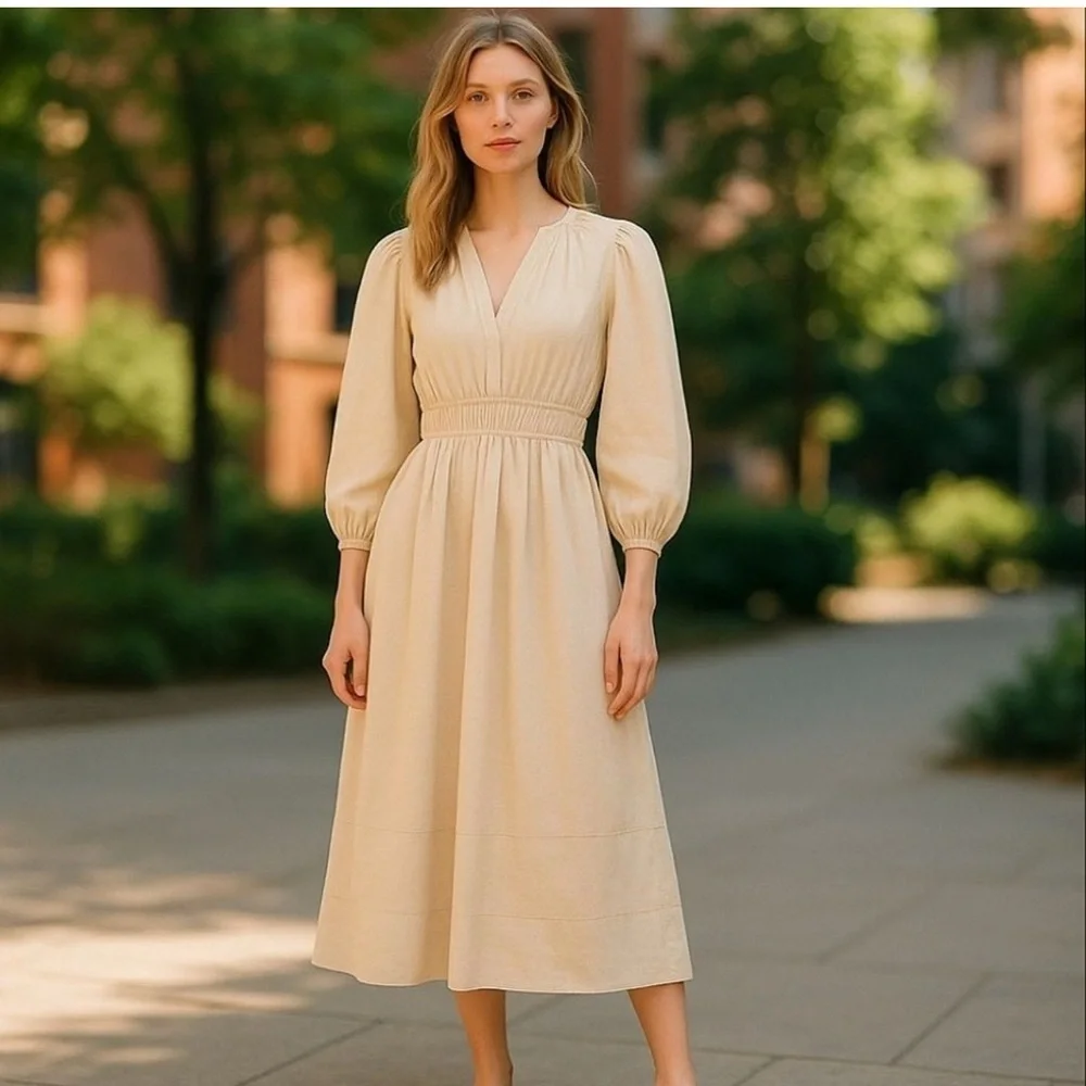 J.Crew Long-sleeve smocked-waist midi dress in lightweight chino